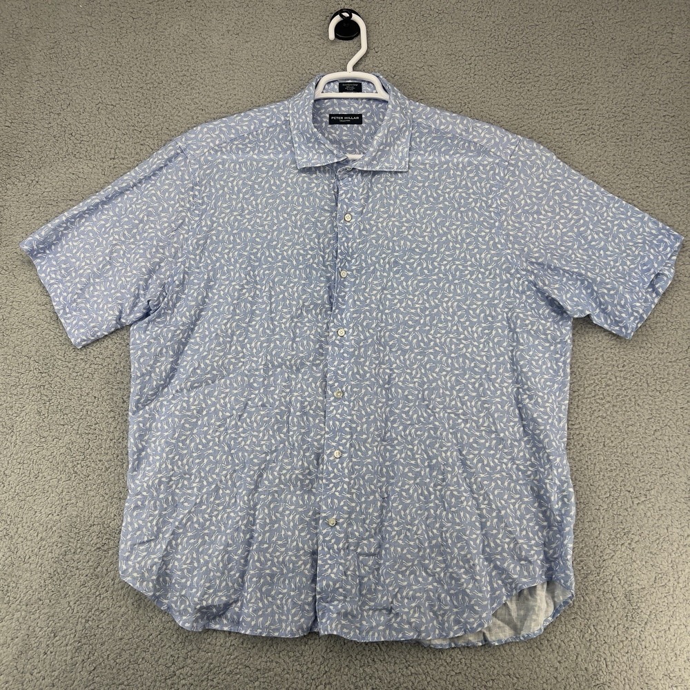 PETER MILLAR Mens 100% Linen Short Sleeve Button Up Shirt Size XXL Scuba Divers